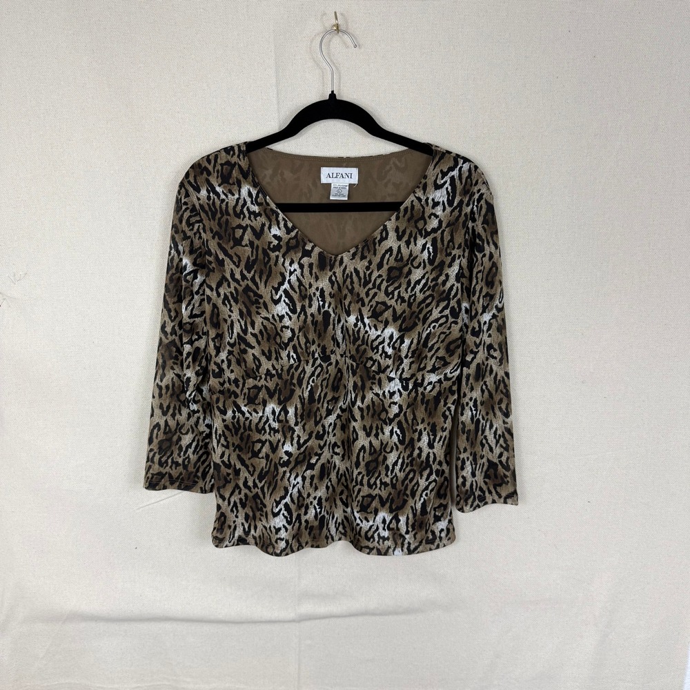 Vintage Alfani Womens Leopard Print V-Neck 3/4 Sleeve Blouse Brown Tan Large‎